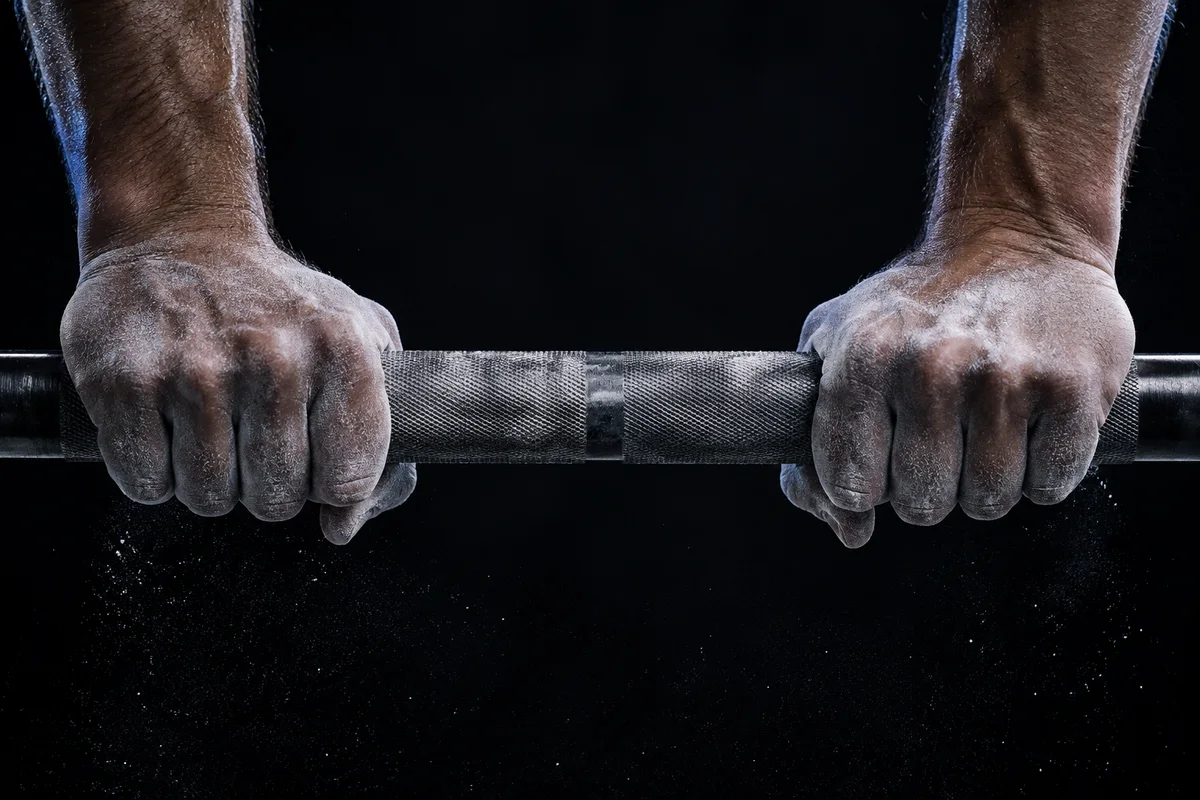 Chalk-covered hands gripping a steel barbell